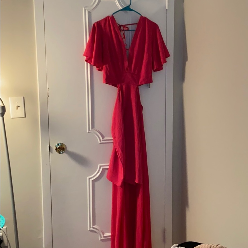 Pink mini dress with a train